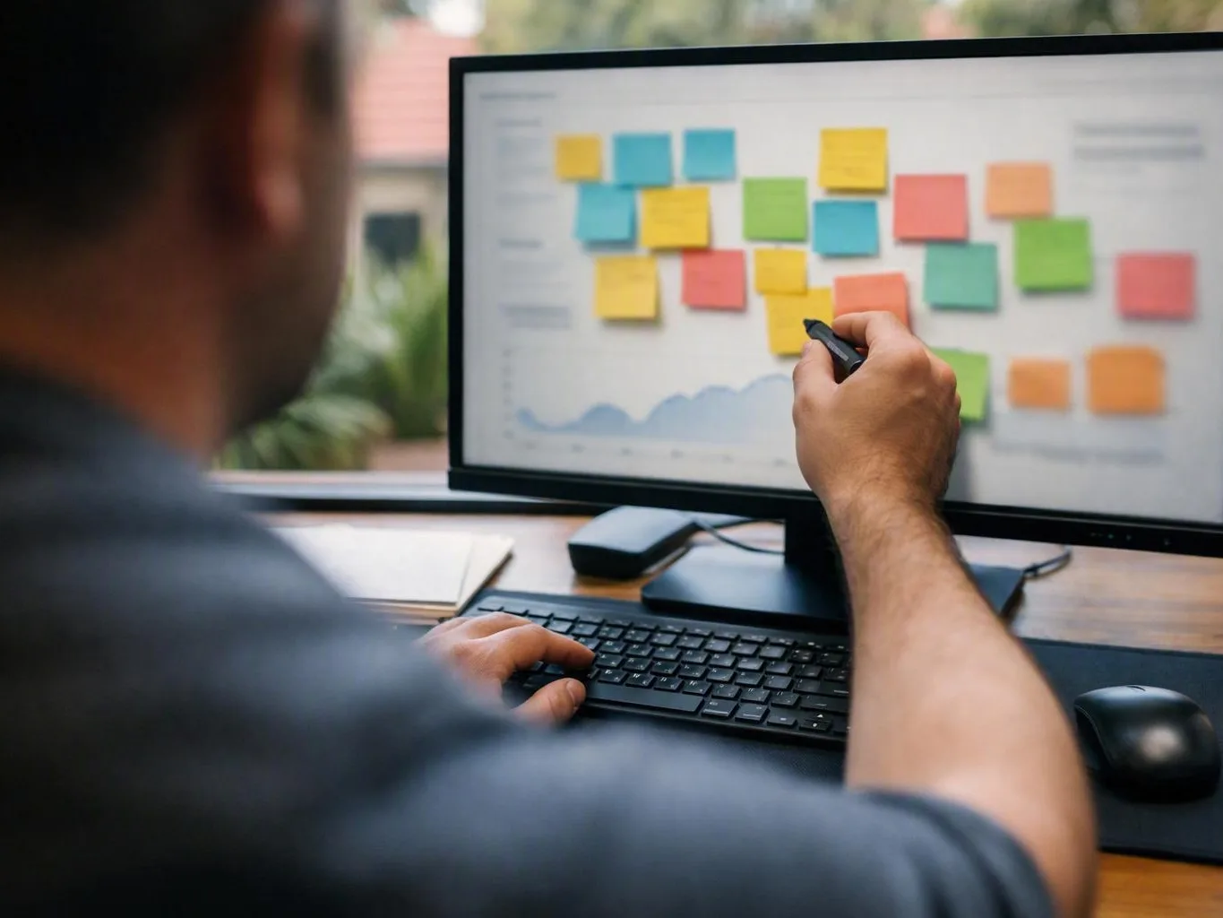 Analyst reviewing search query data on laptop