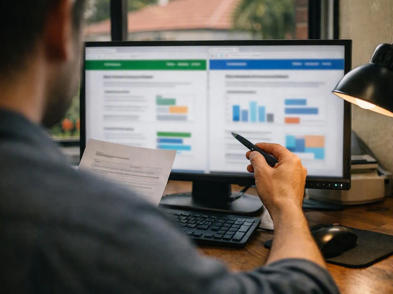 Work desk with keyword notes and browser tabs