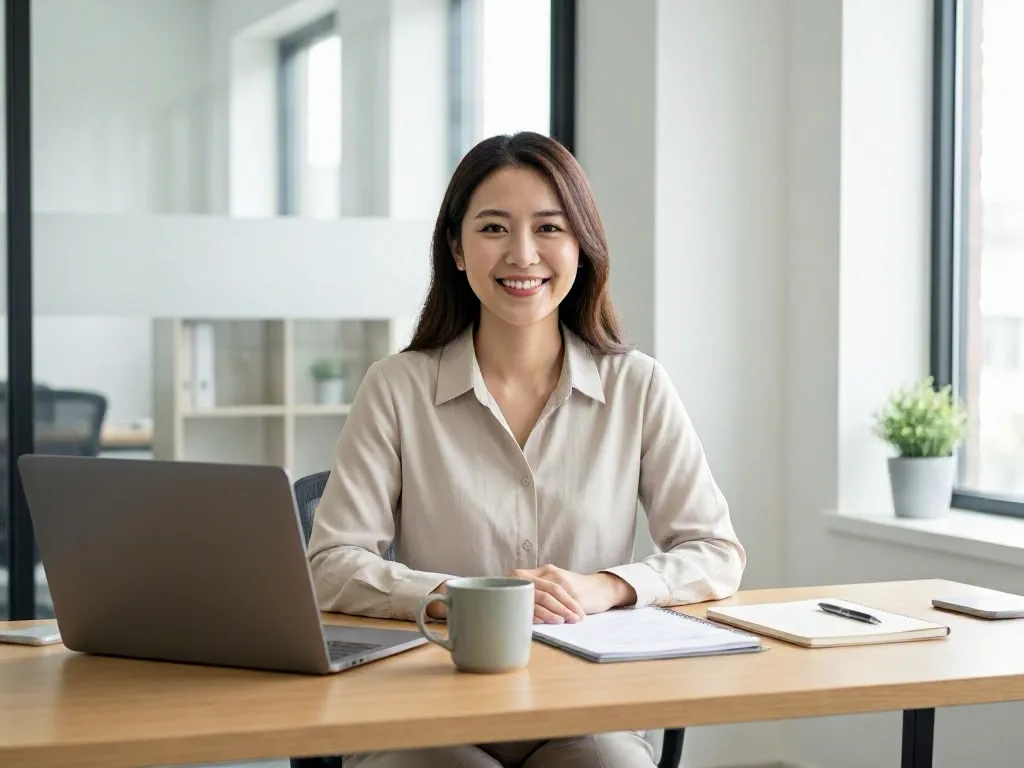 Writer drafts a service page beside a laptop in a bright office